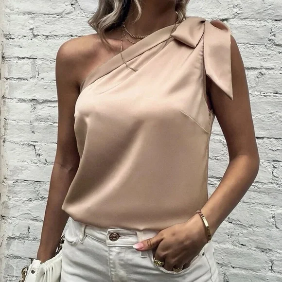 Satin silky one shoulder bow blouse tank top light pink - Picture 6 of 11